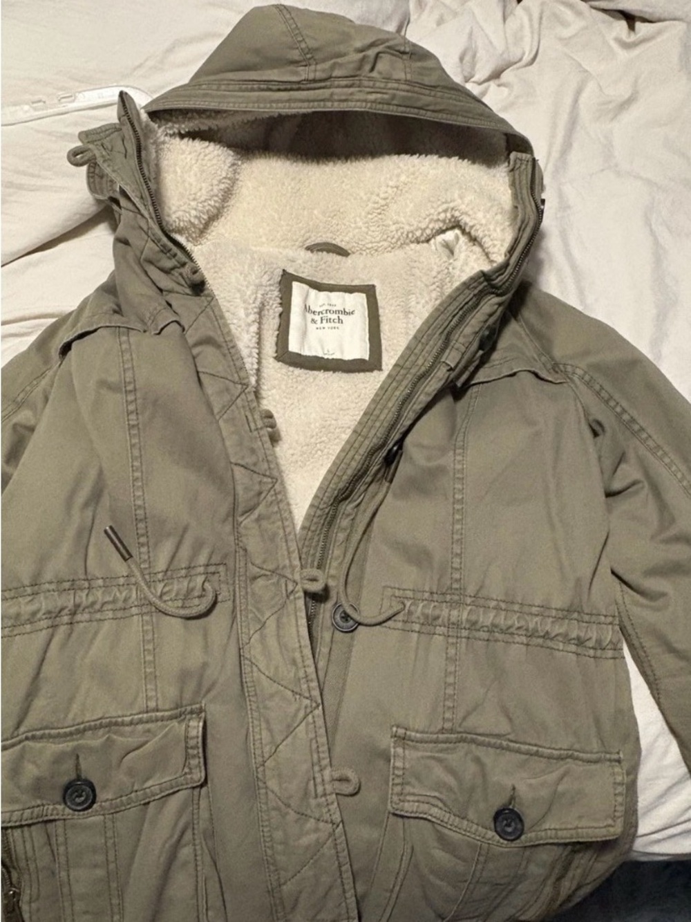Abercrombie & Fitch Olive Green Hooded Sherpa Parka